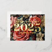 ヴィンテージ植物花ハッピーニューイヤー2025金ゴールド 箔シーズンポストカード (正面/裏面)