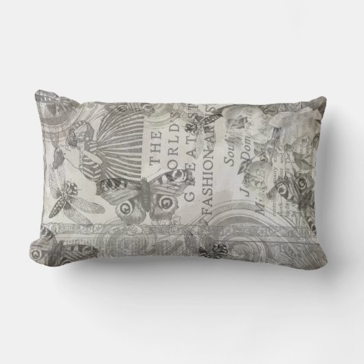 ヴィンテージ植物蝶スクリプト白黒 ランバークッション (正面)