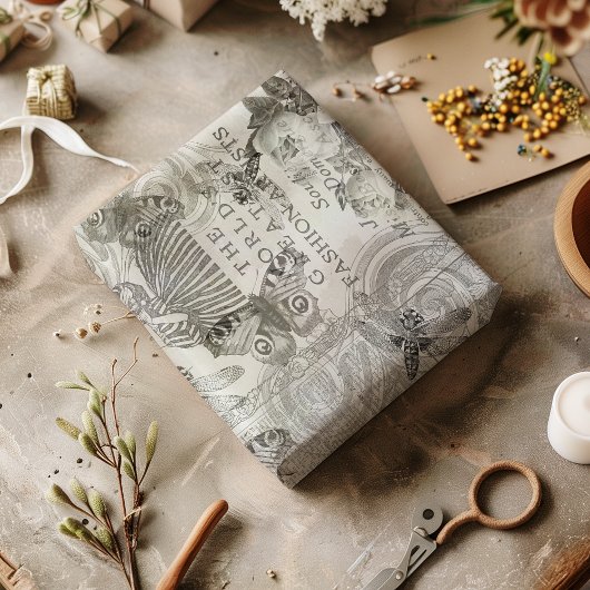 ヴィンテージ植物蝶スクリプト白黒 薄葉紙