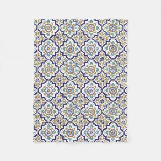 ヴィンテージ植物観賞用タイル模様 フリースブランケット (正面)