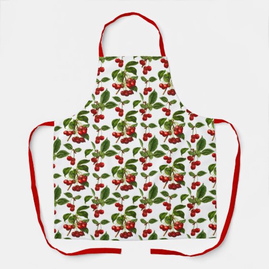 ヴィンテージ植物赤さくらんぼプリント エプロン (正面)