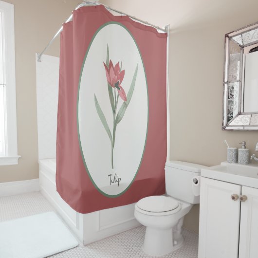 ヴィンテージ植物赤チューリップフラワーカメオ シャワーカーテン (インサイチュ)
