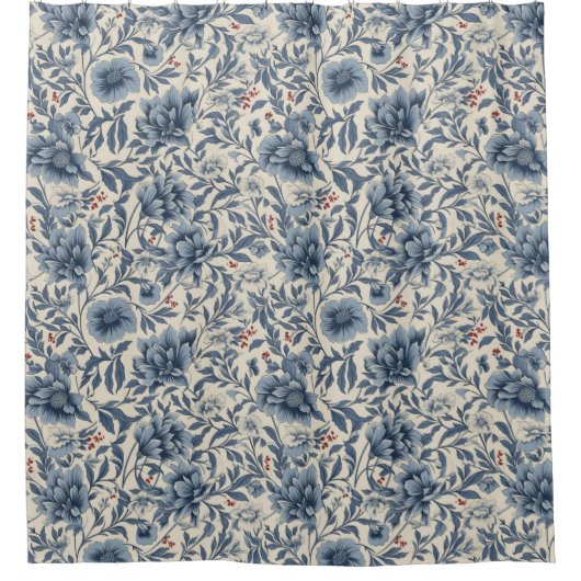 ヴィンテージ植物青赤白美術デザイン シャワーカーテン (正面)