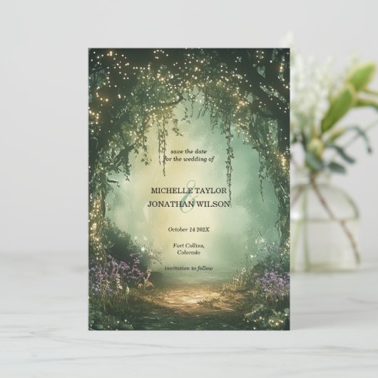 ヴィンテージ植物魔法の森の日付を保存 招待状 (スタンド正面)