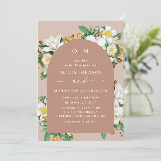 ヴィンテージ椿ピンク淡い色ののフローラ結婚アーチのQR 招待状 (スタンド正面)