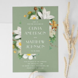 ヴィンテージ椿フローラセージ結婚グリーンQR 招待状