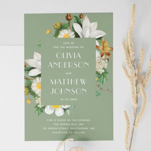 ヴィンテージ椿フローラセージ結婚グリーンQR 招待状