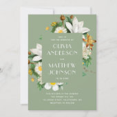 ヴィンテージ椿フローラセージ結婚グリーンQR 招待状 (正面)
