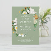ヴィンテージ椿フローラセージ結婚グリーンQR 招待状 (スタンド正面)