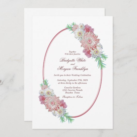 ヴィンテージ楕円フレームピンク結婚フローラ 招待状 (正面/裏面)