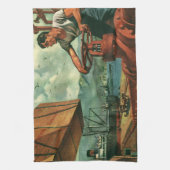 ヴィンテージ業、油タンカー船及び波止場 キッチンタオル (縦)