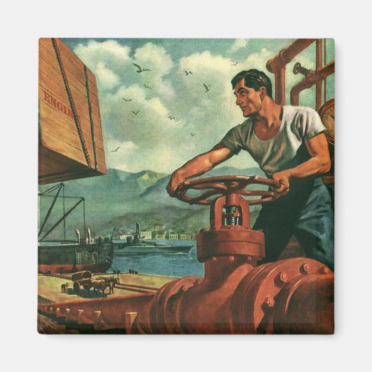 ヴィンテージ業、油タンカー船及び波止場 マグネット (正面)