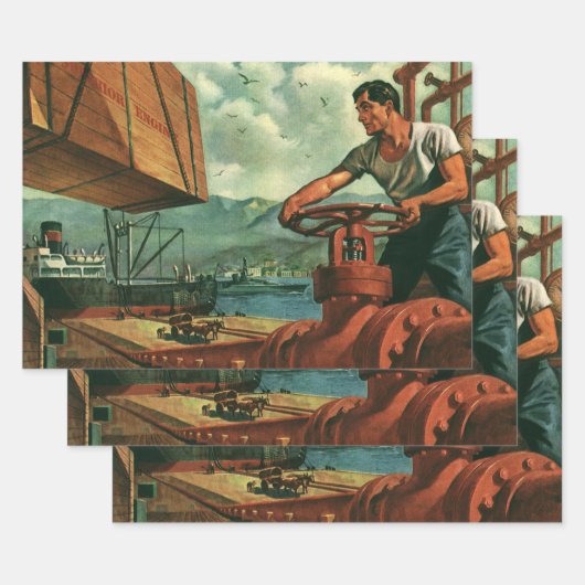 ヴィンテージ業、油タンカー船及び波止場 ラッピングペーパーシート (セット)