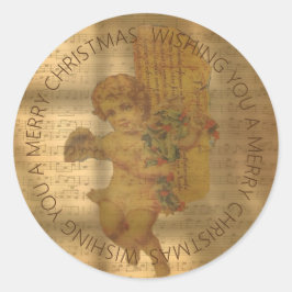 ヴィンテージ楽譜と薄暗いエンジェルクリスマス ラウンドシール