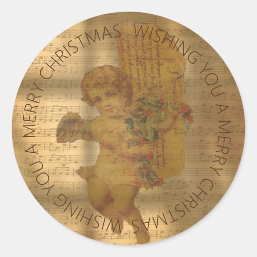 ヴィンテージ楽譜と薄暗いエンジェルクリスマス ラウンドシール (正面)