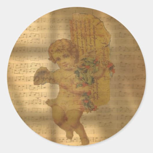 ヴィンテージ楽譜と薄暗いエンジェルクリスマス ラウンドシール (正面)