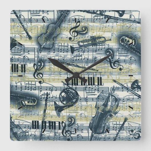 ヴィンテージ楽譜パターン壁時計 スクエア壁時計 (正面)