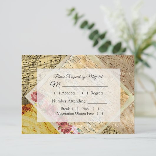 ヴィンテージ楽譜ピンクローズウェディングRSVPカード 出欠カード (スタンド正面)