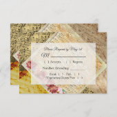 ヴィンテージ楽譜ピンクローズウェディングRSVPカード 出欠カード (正面/裏面)