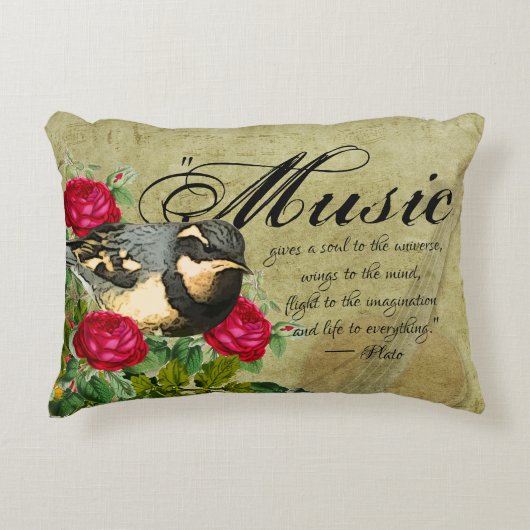 ヴィンテージ楽譜引用文ヴァイオリンレッドローズ&バード アクセントクッション (正面)