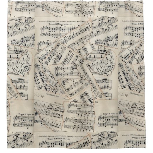 ヴィンテージ楽譜紙コラージシャワーカーテン シャワーカーテン (正面)