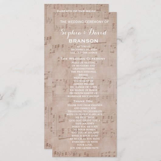 ヴィンテージ楽譜結婚式 プログラムカスタム プログラム (正面/裏面)