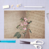 ヴィンテージ楽譜、ハミング鳥、ピンクの花 薄葉紙 (クラフト)