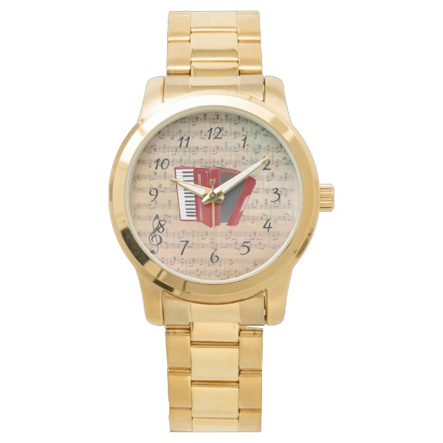 ヴィンテージ楽譜（赤いアコーディオン付き） 腕時計 (正面)
