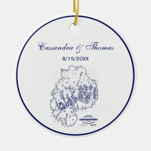 ヴィンテージ様式化山デザートアイランドMNマップブルー セラミックオーナメント (正面)