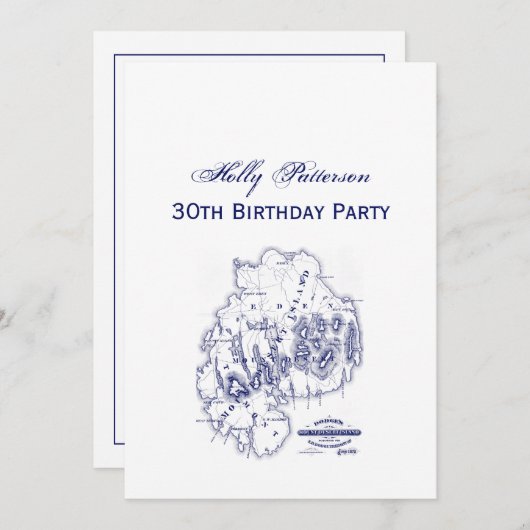 ヴィンテージ様式化山デザートアイランドMNマップブルー 招待状 (正面/裏面)