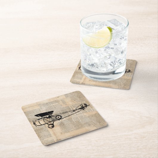 ヴィンテージ機アンティーク飛行機新聞文字 スクエアペーパーコースター (インサイチュ)