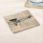 ヴィンテージ機アンティーク飛行機新聞文字 スクエアペーパーコースター (アングル)