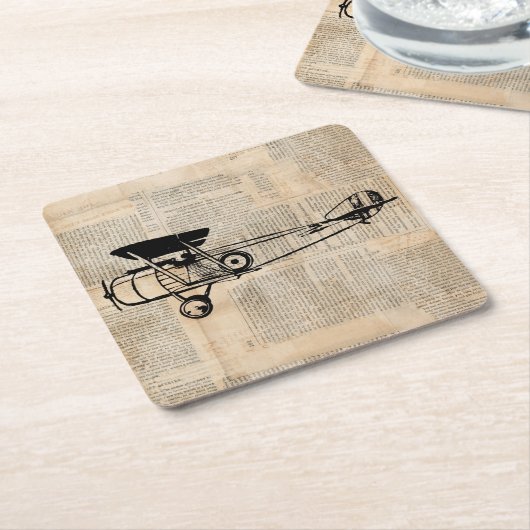 ヴィンテージ機アンティーク飛行機新聞文字 スクエアペーパーコースター (アングル)