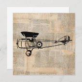 ヴィンテージ機アンティーク飛行機新聞文字 招待状 (正面/裏面)