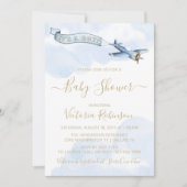 ヴィンテージ機少年ブルー金ゴールド赤ちゃんシャワー 招待状 (正面)