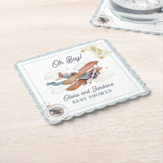 ヴィンテージ機少年旅行赤ちゃんシャワー ペーパーコースター (アングル)