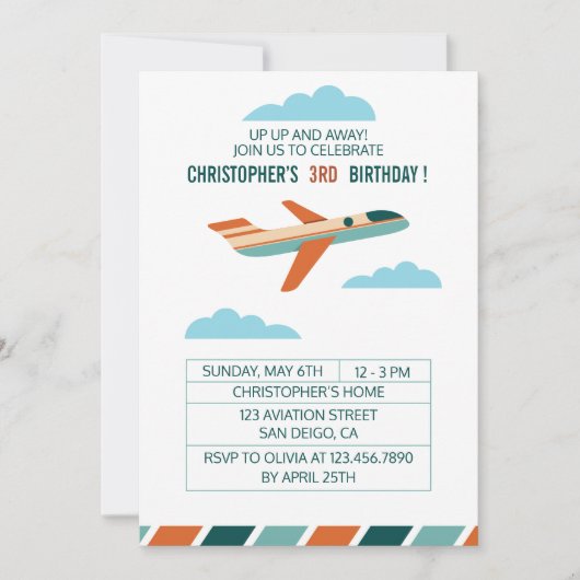 ヴィンテージ機誕生日パーティー/飛行機パーティー 招待状 (正面)