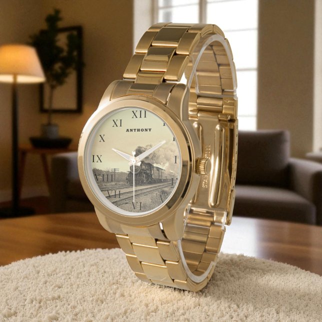 ヴィンテージ機関車列車誕生日ブラックトラベル 腕時計 (クリエイターアップロード済み)