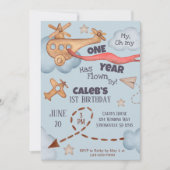 ヴィンテージ機飛行機飛行機青誕生日 招待状 (正面)