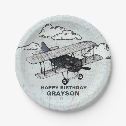 ヴィンテージ機 |旅行誕生日パーティー ペーパープレート (正面)