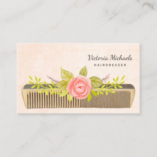 ヴィンテージ櫛と美容用バラエレガント 名刺 (正面)