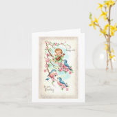 ヴィンテージ歌唱鳥誕生日 カード (黄色い花)