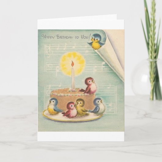 ヴィンテージ歌鳥及びケーキ誕生日カード カード (正面)