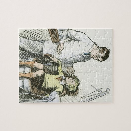 ヴィンテージ歯科、男の子を椅子に座らせた歯医者 ジグソーパズル (横)