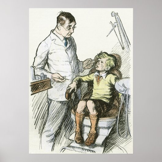 ヴィンテージ歯科、男の子を椅子に座らせた歯医者 ポスター (正面)