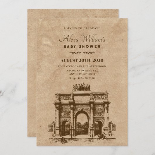 ヴィンテージ歴史的建築物のベビースシャワー 招待状 (正面/裏面)