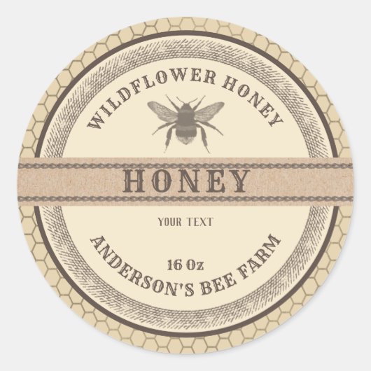 ヴィンテージ段ボール蜂はちみつ瓶ラベル ラウンドシール (正面)