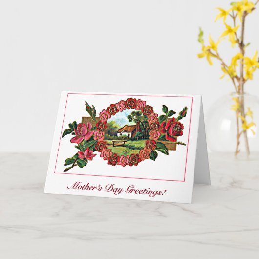 ヴィンテージ母の日の挨拶(バラと自宅) カード (黄色い花)