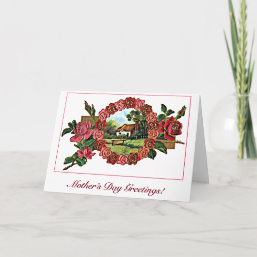 ヴィンテージ母の日の挨拶(バラと自宅) カード (正面)