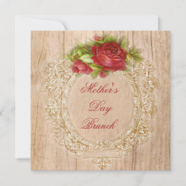 ヴィンテージ母の日ブランチ赤ローズ木製フレーム 招待状